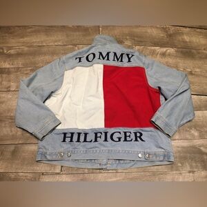Vintage Tommy Hilfiger Large Flag Trucker Chore Blue Denim Jean Jacket Size XXL